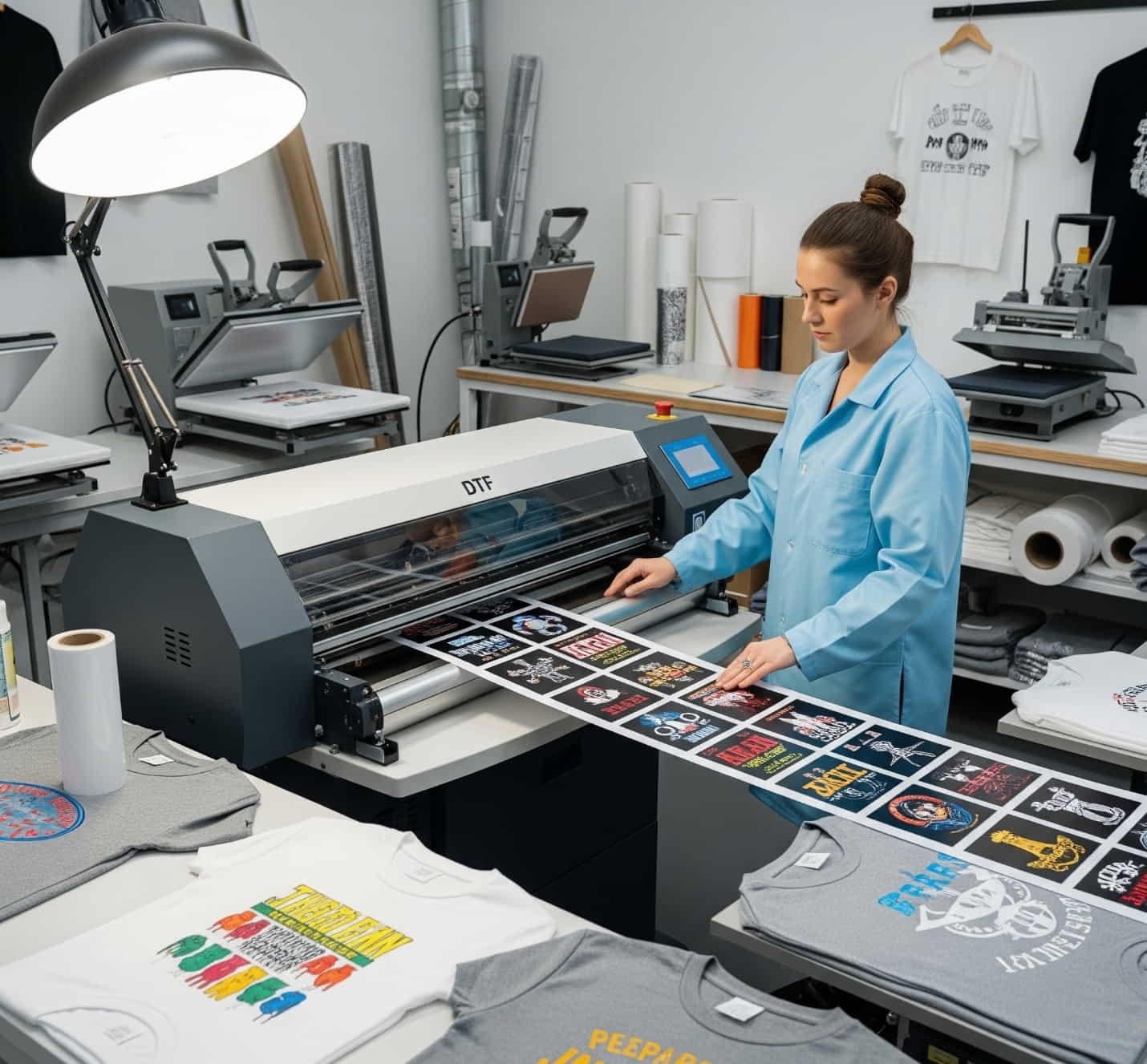 Technician guiding a printed DTF gangsheet with multiple colorful designs in a print shop.