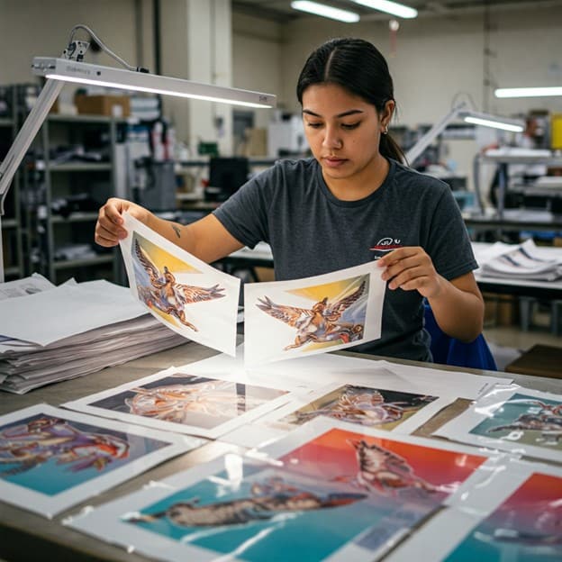 DTF transfers being visually inspected on a worktable for print defects like haziness or bleeding.